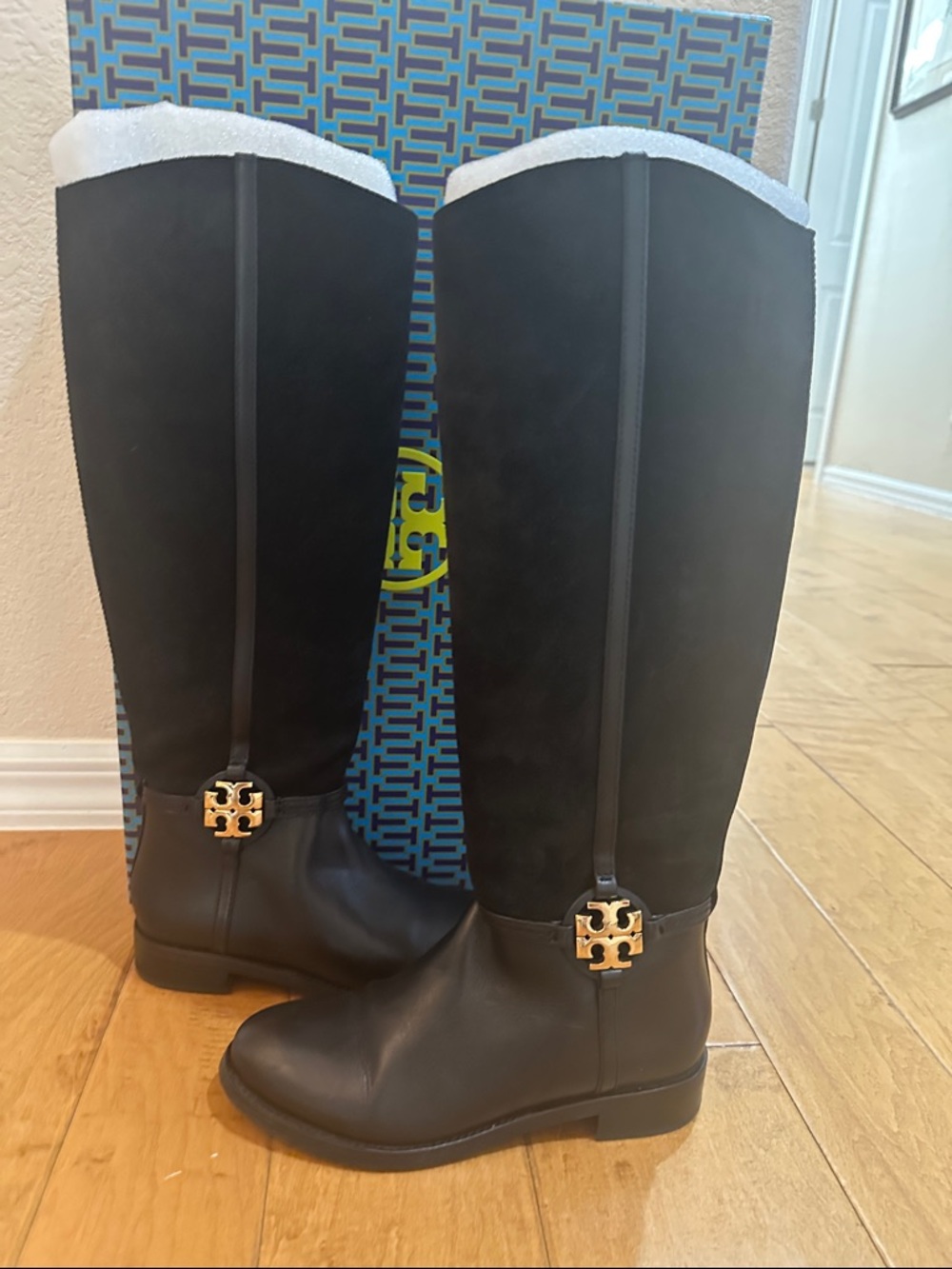 Tory Burch Black Leather and Suede Tall Riding Boots with Gold Logo Accent